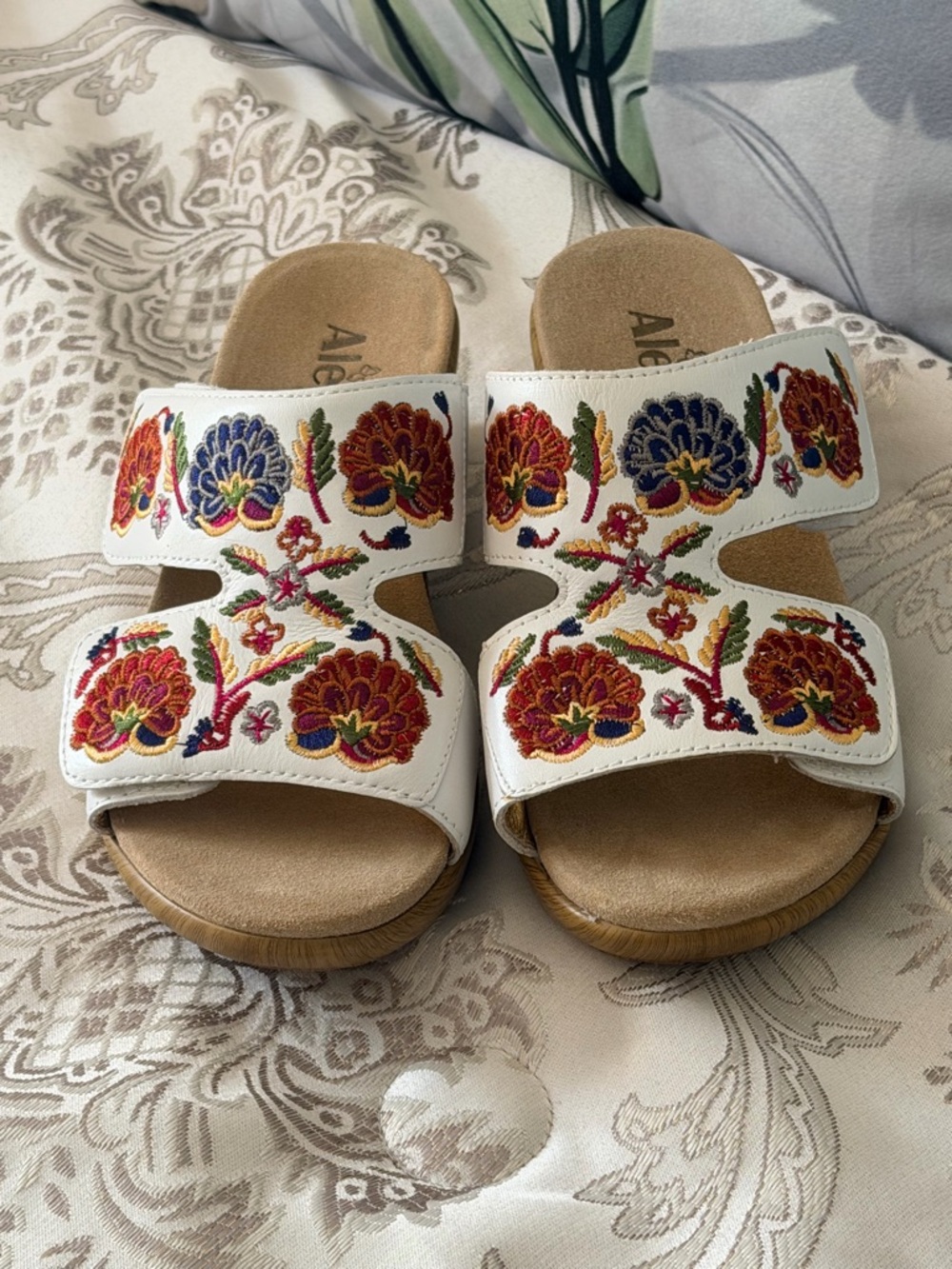 Alegria White Slide Sandals with Multicolor Floral Embroidery